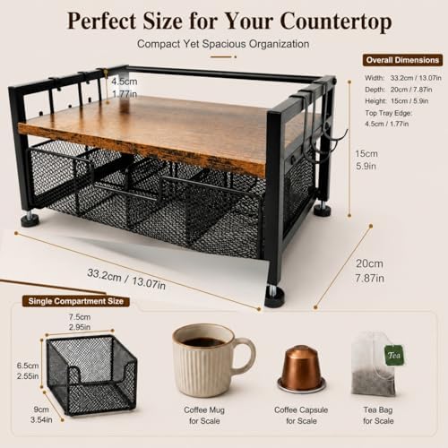 Tea Bag Organizer, Tea Bag Organizer Drawer, Wood Tea Organizers and Storage Chest Teabag Holder with Storage Drawer,Rustic Brown for Countertop Kitchen, Office - Image 2