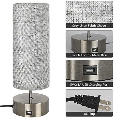 Haian Support 3-Way Dimmable Touch Control Table Lamp with USB Charging Port Set of 2,Modern Nightstand Bedside Desk Lamp with Grey Fabric Lampshade for Living Room,Bedroom,Study Room,LED Bulb Include - Image 3