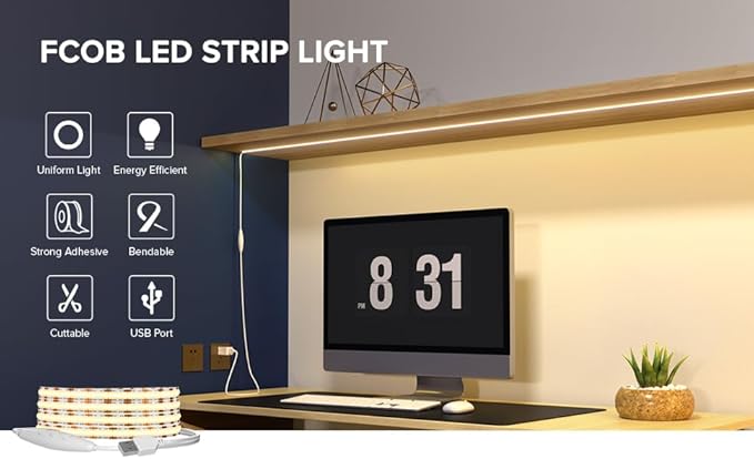 USB LED Light Strip 6.56FT, 5 Volt USB Powered Dimmable COB LED Tape Lights, 3000K Warm White 8mm High Density Flexible Strips CRI90+ for TV Backlight Under Cabinet Lighting Bedroom Kitchen