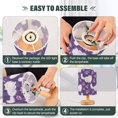Lovely Angora Cat and Purple Pink Paw Prints Purple Bedside Table Lamps with USB Port for Bedroom Lamp Accent Table Lamp Small Nightstand Lamp Linen Shade Decorative Lamps for Kids|Reading|Dome|Home - Image 6