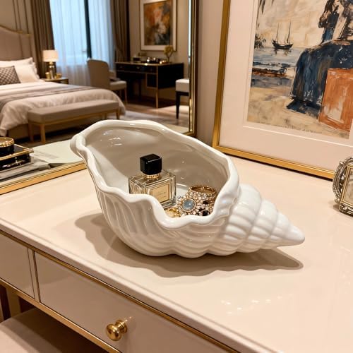 Conch Shape Ceramic Jewelry Tray, White Shell Trinket Dish, Ocean Themed Ring Earring Holder, Decorative Organizer for Rings, Earrings, Necklaces, Bracelets, Coastal Beach Home Decor (White Conch) - Image 4