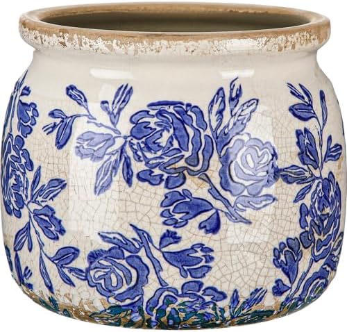 5.9'' Vintage Ceramic Planter, Ice Crack Glaze Blue Rose by Unknown