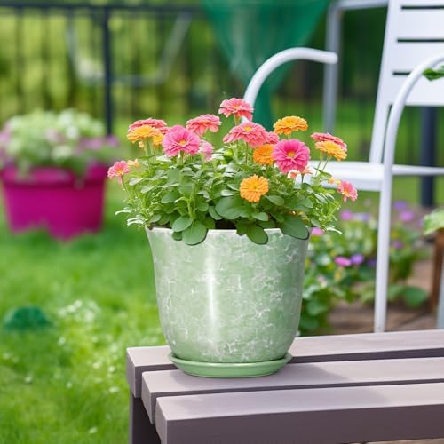 Ceramic Planter - 8 Inch Plant Pot for Indoor Outdoor, Round Flower Pots with Drainage Hole and Saucer, Modern Decorative Planters, Home Office Desk Decor, Gifts for Plant Lovers, Green - Image 4