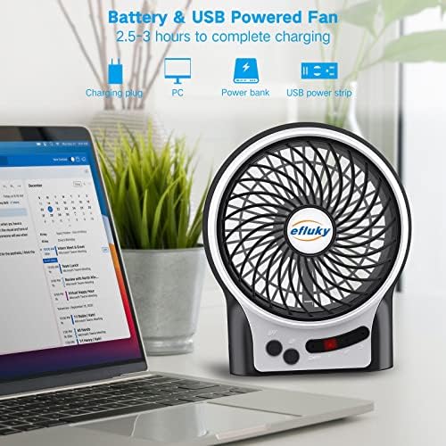 efluky 4.9-Inch Mini Desk Fan - 3 Speeds, Rechargeable Battery/USB Powered with LED Light, Quiet Portable Fan for Home, Office, Travel, Camping (Black) - Image 2