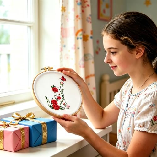 Flowers Cat Embroidery Kits for Beginners Adults, Cute Hand Embroidery Starters Kits, Floral Stamped Cross Stitch Kits Needlepoint Kits for Beginners Adults, Embroidery Hoop, Thread and Video Tutorial - Image 6