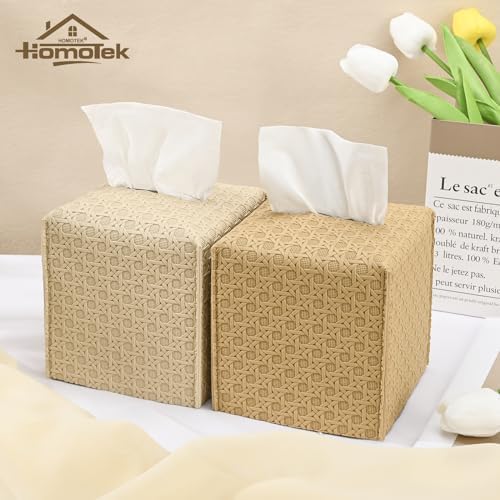 HOMOTEK 2 Pack Tissue Box Cover, Square PU Leather Tissue Holder, Decorative Facial Tissue Cube Paper Organizer Dispenser for Bathroom, Night Stands, Desk, Car 5X5X5'' - Woven Waffle,Camel - Image 6