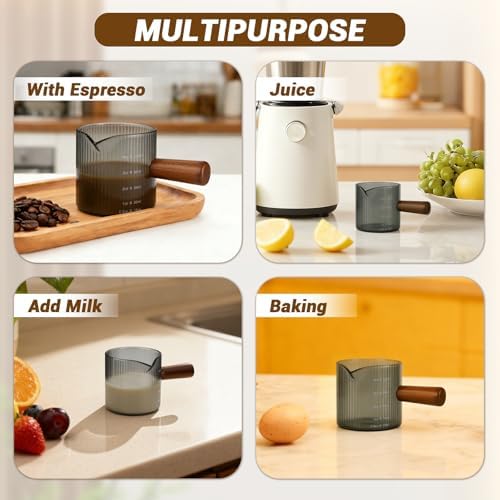 Espresso Measuring Cup 4 Oz, Espresso Glass Cups with Wood Handle, Milk Frothing Cup, Espresso Cup for Coffee, Milk, Tea or Maple Syrup Serving (Gray, 4 oz) - Image 7