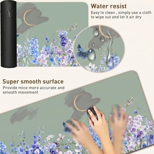 Sage Green Desk Mat, Blue Violet Wildflower XXL Mouse Pad 35.4x15.7in - Image 4