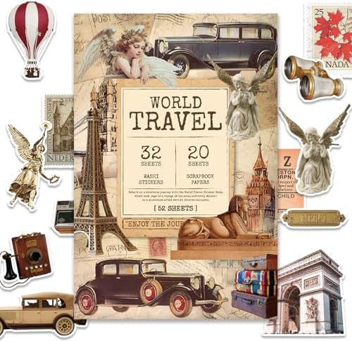 52 Sheets World Travel Stickers & Scrapbook Paper Set - Vintage Travel Themed for Scrapbooking Journaling Junk Journal Planner - Retro Adventure Stickers for DIY Crafts by JUNKJWBZ%7CPeelStickInspir