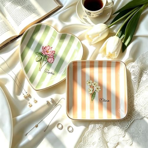 Personalized Birth Flower Ring Dish Custom Name Jewelry Trinket Tray Ceramic Floral Dish Gift for Mom Bridesmaid Friend Birthday Wedding Mother's Day - Image 4