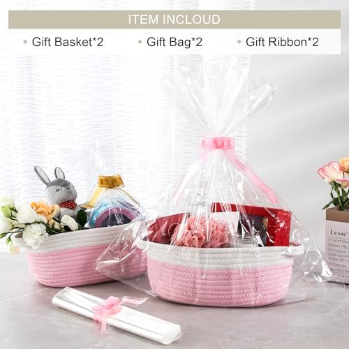 2 Pack Small Woven Basket with Gift Bags and Ribbons, Empty Decorative Gift Chest Box, Cute Baby Gift Basket for Nursery, Cotton Rope Room Shelf Storage Basket with Handles, All 12"x 8"x 5", Pink - Image 2