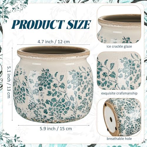 5.9'' Vintage Ceramic Planter, Ice Crack Glaze Teal Floral Pot - Image 2