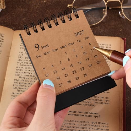 Mini Desk Calendar 2027-2028- Small Desktop Calendar January 2027 to June 2028, Mini Daily Schedule Thick Paper Twin-Wire Binding with Stickers for Home Office School (Kraft paper color) - Image 3