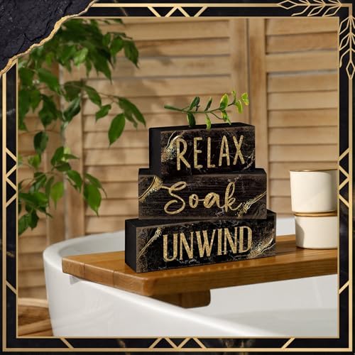 Moucuny 4 Pcs Black Gold Bathroom Signs Relax Soak Unwind Wooden - Image 5
