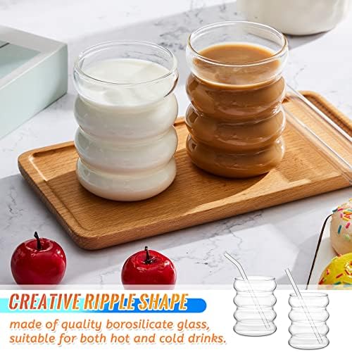 Tessco for you 4 Pcs Creative Glass Cups Vintage Drinking Glasses Ribbed Glassware Aesthetic Cup Entertainment Dinnerware Glassware with Straws Set for Kitchen Coffee Beverage(13.5 oz,Clear) - Image 4