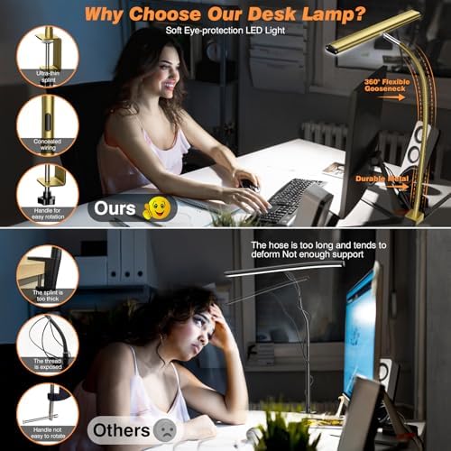 Airlonv LED Desk Lamp with Clamp, 17" Stepless Dimming Light, Gold - Image 4