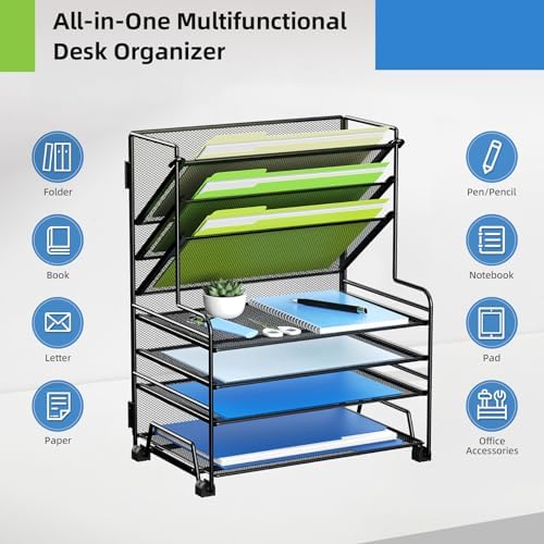 MINDEPOT 4-Tier Paper Organizer + 3-Pocket File Holder + Drawer + Pen Holders, Desktop File Organizers Paper Tray for Office Supplies School Classroom Organization (Black, No Drawer & Pen Holder) - Image 4