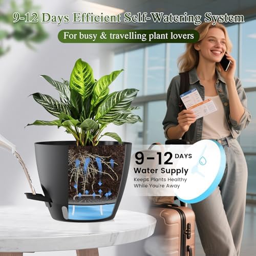 Plant Pots, 1 Pack 12 Inch Self Watering Pots with Drainage Holes, Water Level Indicator Deep Reservoir, Large Planters for Indoor Outdoor Plants - Black - Image 4