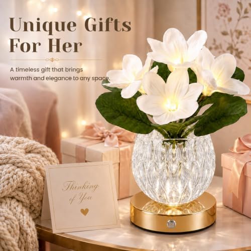 Flower Table Lamp, 3 Colors Touch Dimming Magnolia Glass Night Light, Rechargeable Artificial Flower Light, LED Flower with Vase Lamp Romantic Decor for Date Party Home (White - Magnolia) - Image 6