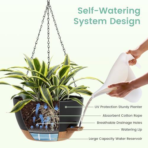 UOUZ Set of 3-10 Inch Self Watering Hanging Planters for Indoor Outdoor，Hanging Plant Pots with Drainage & Removable Tray, Hanging Pots Holder for Ivy, Pothos, Ferns, Balcony & Patio, Black with Brown - Image 4