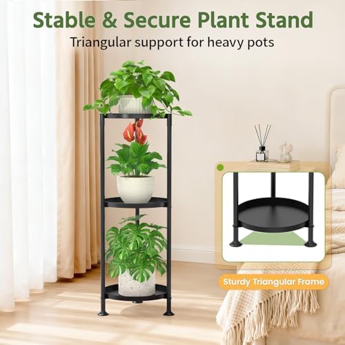 LASZOLA Plant Stand Indoor Tall Corner with Large Metal Tray, 3 Tier Black - Image 5