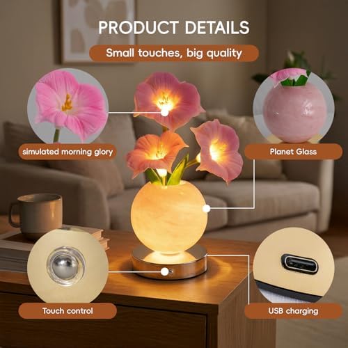 Pink Morning Glory Lamp – Rechargeable Wireless Touch-Control Dimmable Faux Flower Desk Light, LED Glass Planet Vase Night Light, Kitchen Bedroom Office Decor, Housewarming Gift Women and Mom - Image 5