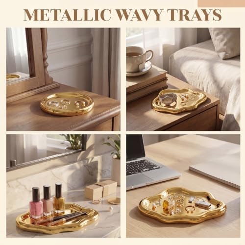 Patelai 2 Pcs Ceramic Jewelry Tray, Cloud Trinket Dish for Women Gold - Image 2