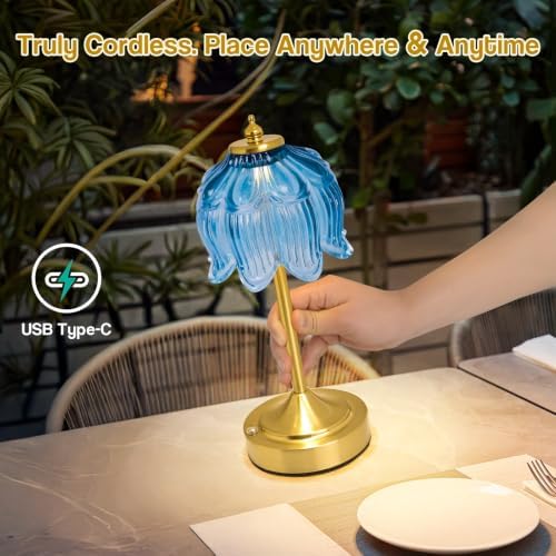 Cordless Table Lamp, Rechargeable Blue Glass Lotus Flower Lamp - Image 2