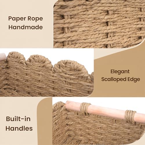 iEGrow Paper Rope Small Storage Baskets for Organizing, Set of 2 Scalloped Edge Wicker Basket with Wooden Handles Toilet Paper Basket for Over Toilet Storage Shelf, Home Decor, Living Room (Neutral) - Image 4
