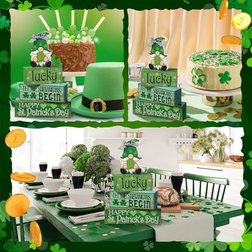 Moucuny 4 Pcs St. Patrick's Day Wood Signs Gnome Tiered Tray Table Decor - Image 5