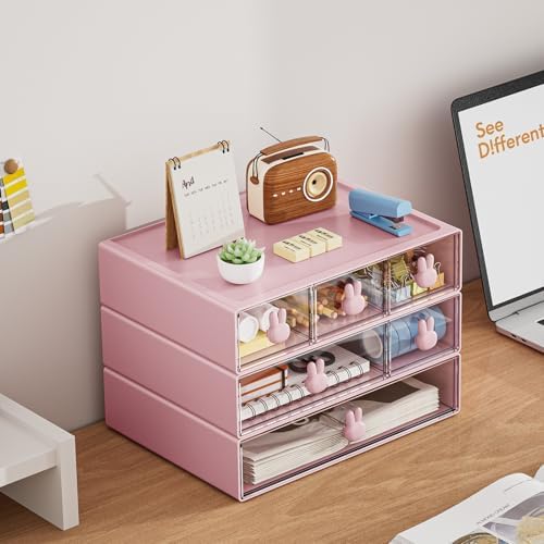Marbrasse Desk Organizer with 6 Drawers, 3 Tier Stackable Storage Drawers Plastic Makeup Storage, Office Organizers and Storage, Desk Storage Box for Office, School, Home Pink - Image 3