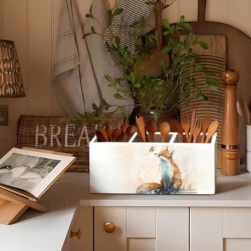 Fox Pen Pencil Holder for Desk Accessories, Fox Gifts for Women, Animal Lovers Gifts, Rustic Butterfly Wild Animal Wooden Box Sign Decorations for Kids Room Home Office Desk Tabletop - Image 6