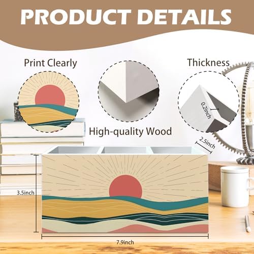DILSJ Boho Abstract Sunshine Pen Pencil Holder Organizer for Desk, Boho Office Decor, Mid Century Modern Minimalist Sunshine Landscape Wooden Box Signs for Home Office Desk Tabletop Decoration - Image 7