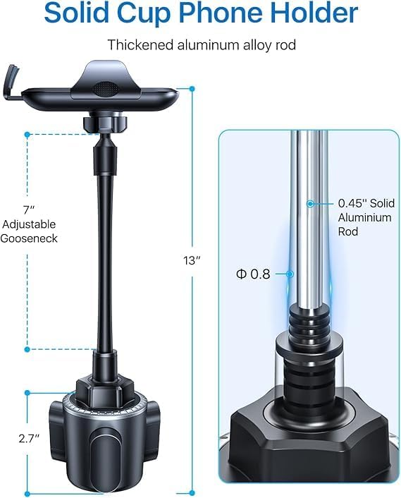 andobil Military-Grade Cup Phone Holder for Car/Truck, [2025 Enhanced] 13" 360° Adjustable Gooseneck w/Anti-Shake Car Mount, Universal Car Phone Holder for iPhone/Samsung All 4.0-7.0" Devices, Blue