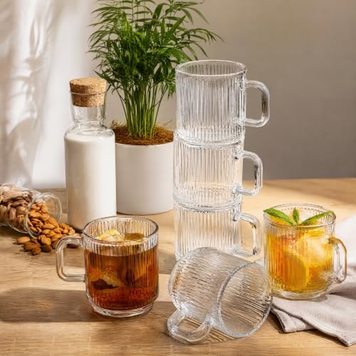 Noamus 6 Pack Premium Glass Coffee Mugs with Handle, 12 Oz Classic Vertical Stripes Glass Tea Cups, Transparent Ribbed Beverage Mugs, Clear Vintage Glassware Set for Hot Cold Americano, Cappuccino - Image 6