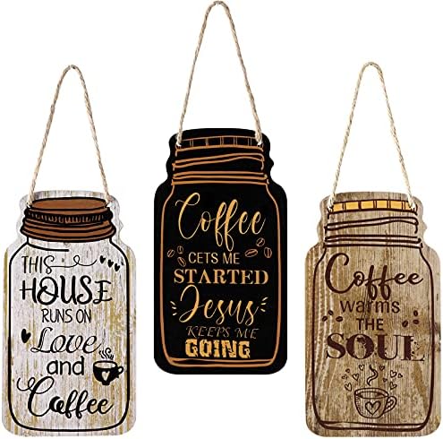 Jetec 3 Pcs Coffee Bar Decor Sign Mason Jar Wall Hanging Plaque Farmhouse Kitchen Decor Wooden Coffee Sign for Kitchen Home Living Room Wall Decorations(Simple Style) by Jetec