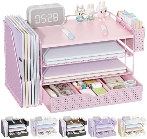 gianotter Wood Desk Organizers and Accessories with File Holder, 4-Tier Desk Accessories & Workspace Organizers with Drawer and Pen Holder, Desk Reference Organizer (Pink, 4T with Drawer) by gianotter