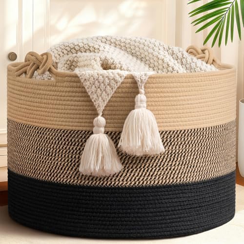 CherryNow 22"x22"x14" Large Blanket Basket, Home Décor for Living Room Bedroom, Decorative Wicker Woven Basket for Clothes, Toy Storage Basket for Kids, Camel Mix & Black by CherryNow