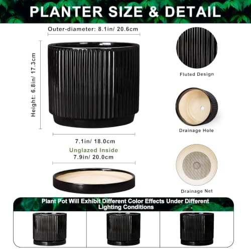 8 Inch Planter, Ceramic Pots for Plants, Round Plant Pot, Black - Image 2
