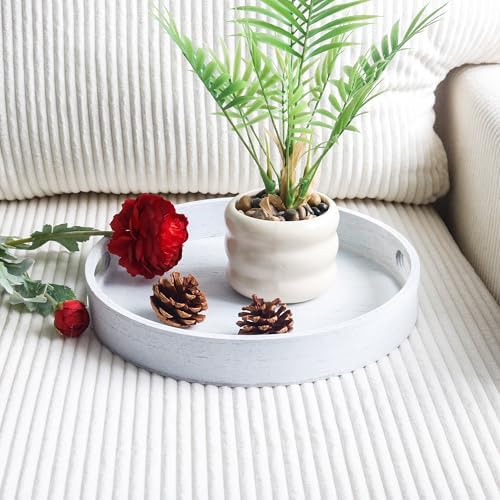 11.8" Round Wooden Decorative Tray with Handles,White - Image 2