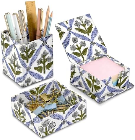 Ridhi Light Steel Blue Block Print Office Desk Organizer Pen & Note Holder by Ridhi
