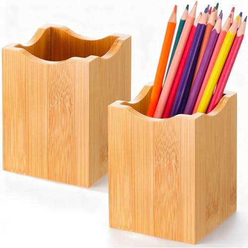 Henoyso 2 Pcs Bamboo Wood Pen Holder Wavy, Square Desktop Organizer by Henoyso