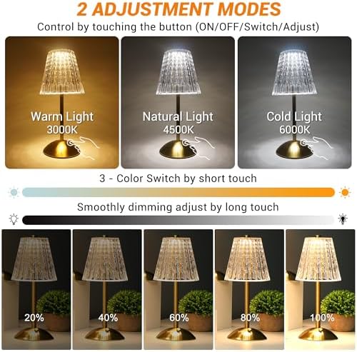Cordless Table Lamp, 4000mAh Rechargeable Battery Operated Lamp, 3 Color Modes & Stepless Dimmable LED Touch Lamp, Portable Crystal Metal Beside Lamps for Bedroom Restaurant Outdoor(Gold) - Image 5