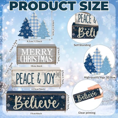 Moucuny 4 Pcs Christmas Table Decorations Blue Christmas Tree Stacked Wooden Sign Decor Rustic Winter Tiered Tray Decor Blue and White Xmas Table Centerpiece Farmhouse for Home Kitchen Shelf - Image 5