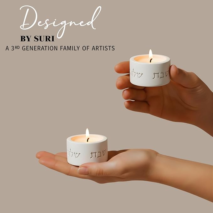 SURI Shabbat Candle Holders Set – Modern Judaica Shabbat Candlesticks for Tea Lights – Concrete Shabbos Candles Holders, Dripless Design – Jewish Gift & Home Decor