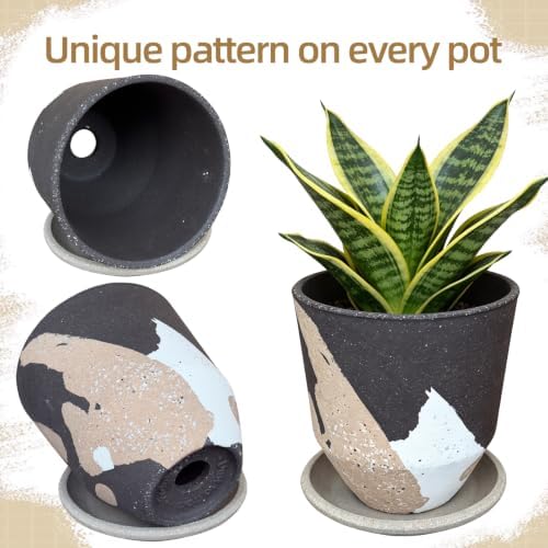 5.1 Inch Ceramic Planter Pot with Drainage Hole and Saucer, Rustic Round Flower Pot for Indoor Succulent Plants, Home Office Desk Decor(Brown&White) - Image 3