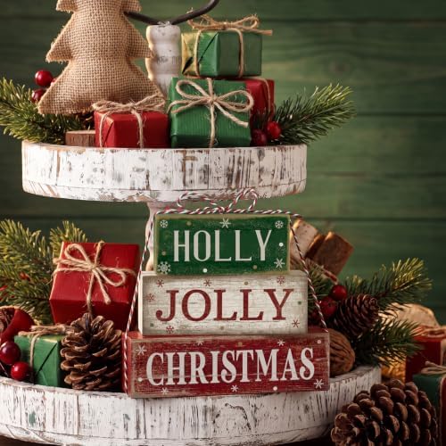 Moucuny 4 Pcs Christmas Table Decoration for Home Rustic Jolly Stacked Sign - Image 3