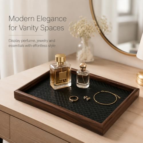Wooden Valet Tray, 12X8 Inch Desk Organizer with Leather Base, Entryway Bedside Dump Holder for Wallets, Keys, Watches, Jewelry & Sunglasses(Black) - Image 3