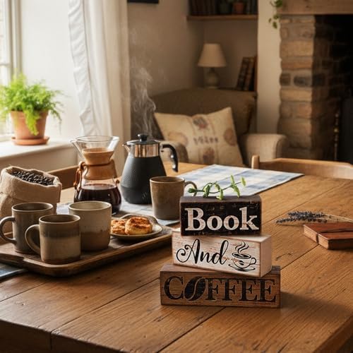 Moucuny 4 Pcs Farmhouse Table Decor Rustic Wooden Book and Coffee Signs - Image 4