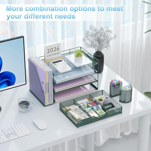 gianotter 4-Tier Desk Organizer with Drawers, File Holders, Letter Trays and Pen Holders - Workspace Accessories for Office Supplies (Green) - Image 3